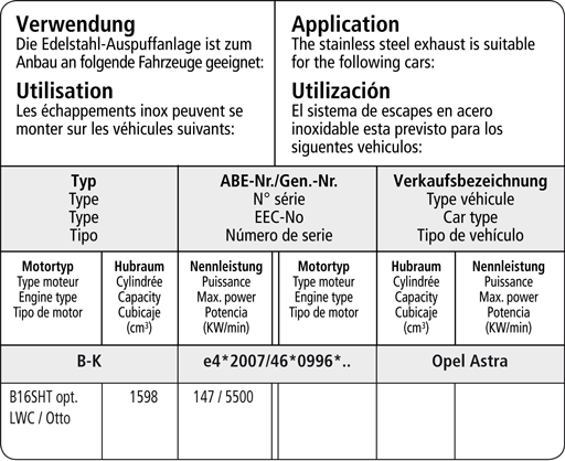 Bastuck Verwendung – Opel Astra K 1.6l