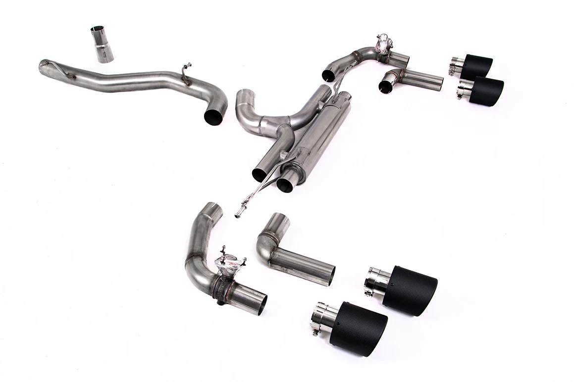 Milltek Klappen Auspuffanlage passend für VW Golf Mk8 R 2.0 TSI ab OPF - 80-mm-Renn-Version - ungedämpft - carbon Endrohre
