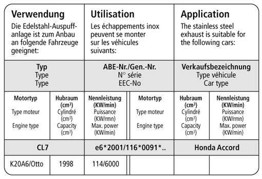 Bastuck Verwendung – Honda Accord 1 ESD 2.0l Benziner nicht Kombi