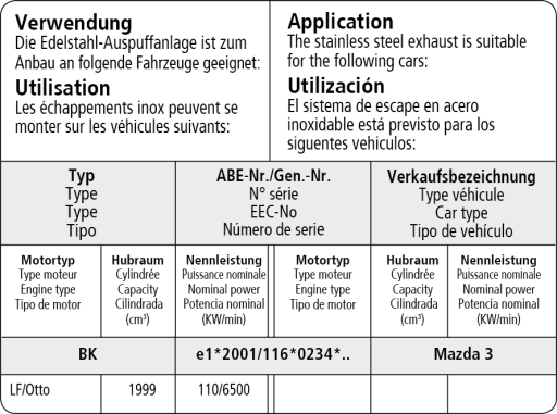 Bastuck Verwendung – Mazda Mazda 3 BK (nicht Kombi) 2.0l Benziner