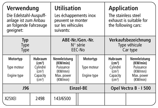 Bastuck Verwendung – Opel Vectra B + Caravan mit Teile-Gutachten