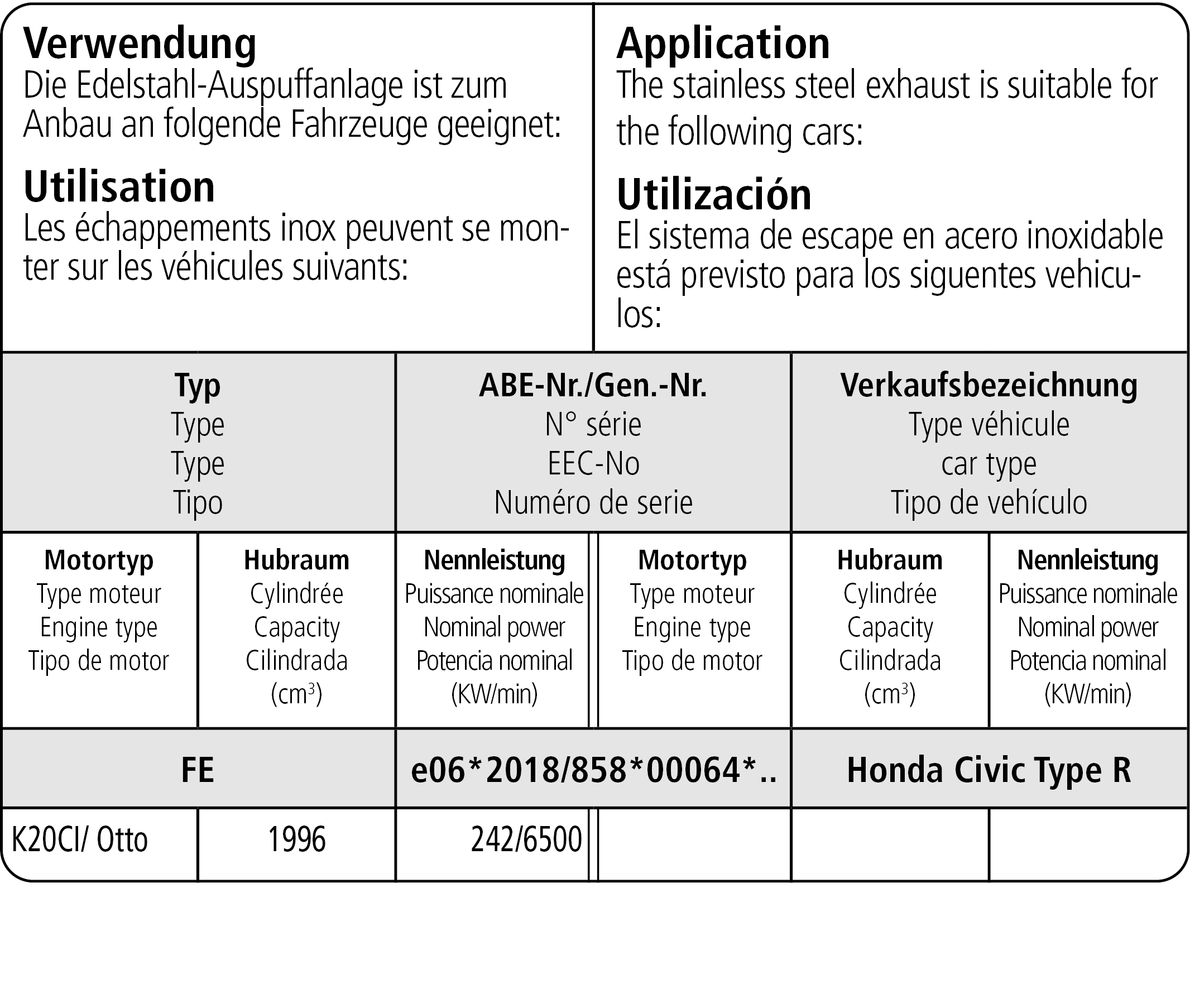 Bastuck Verwendung – Honda Civic FL5 Type R 2.0l Turbo ab 2023