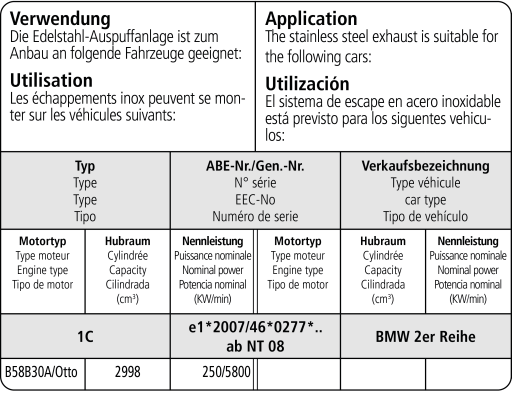 Bastuck Verwendung – BMW 2er F22 3.0l Turbo Facelift LCI ab 07/2016 (M240i)