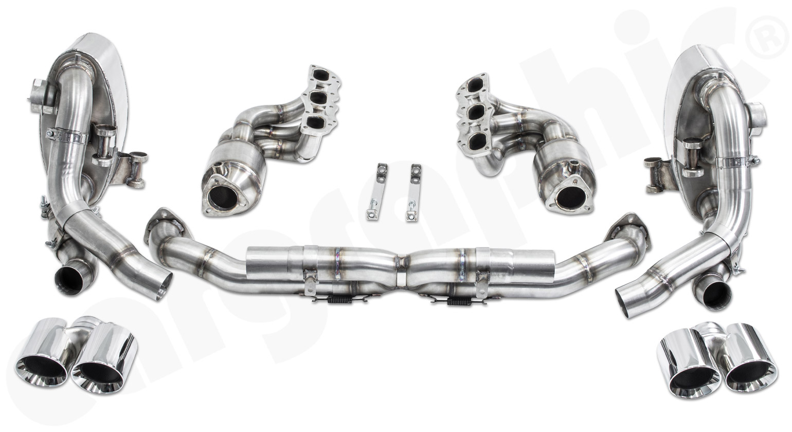 Cargraphic Abgasanlage ab Zylinderkopf Porsche 997.2 Carrera 2x89mm mit Kat mit Klappen