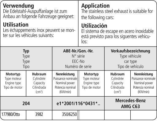 Bastuck Verwendung – Mercedes W205 Limousine (AMG C63) 8 Cyl. ab 2015