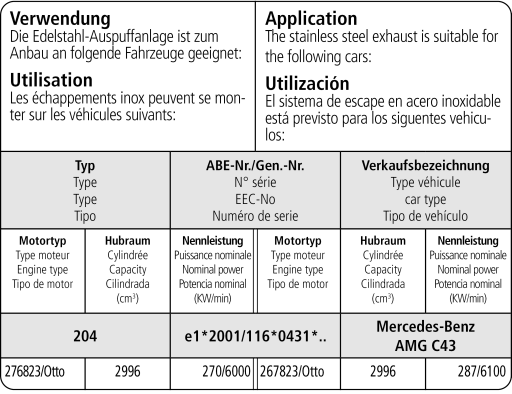 Bastuck Verwendung – Mercedes W205 Limousine (AMG C43) 6 Cyl. ab 2016